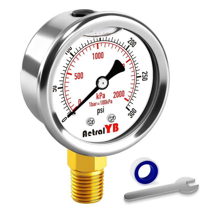 AetralYB مقياس ضغط ثقيل 0-300 PSI، 2 إنش، مملوء بالجليسرين، من الفولاذ المقاوم للصدأ، تركيب سفلي 1/4" NPT، مقاوم للصدمات، مقياس ضغط مقاوم للماء لأنظمة الزيت، مضخات المياه، تطبيقات HVAC - Image 1